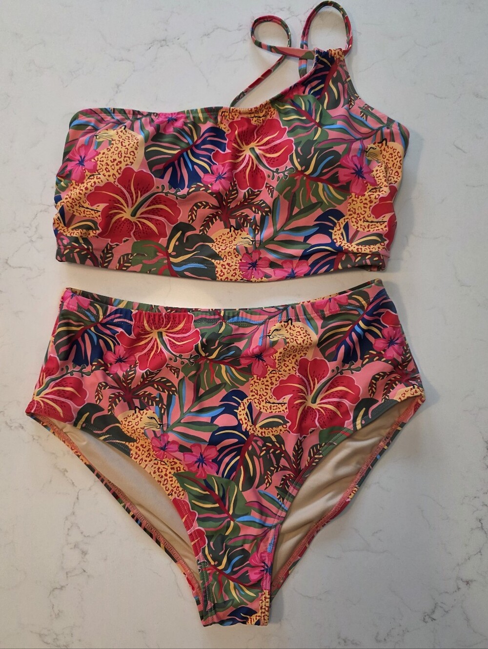 Tropical Floral High-Waist Bikini Set - Pink Multi